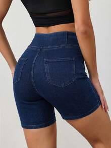 SHEIN Tall Quần short denim nữ cạp cao phong cách Y2K màu xanh đậm, thiết kế chéo chữ V, ôm bụng, co giãn, thích hợp mặc mùa hè. Quần short denim nữ cạp cao có túi, đa năng, phù hợp mặc hàng ngày. - Rửa tối - Xem 3