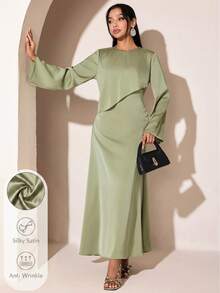 Veilorie Women's Solid Color Round Neck Long Sleeve Elegant Dress - Green - View 2