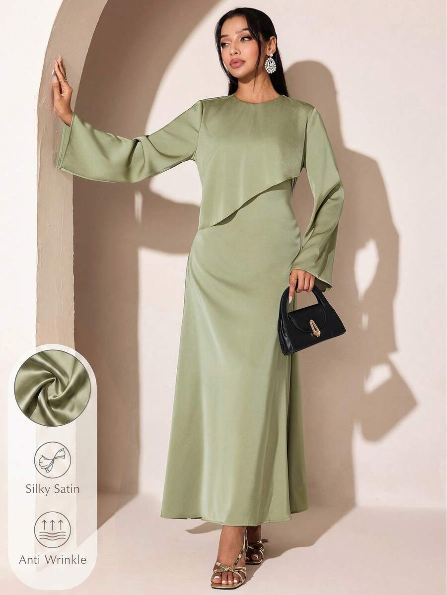 Veilorie Gaun Elegan Wanita Warna Polos Leher Bulat Lengan Panjang - Hijau - View 1