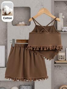 SHEIN Elladie kids Bộ đồ 2 món cho bé gái (cỡ nhỏ): Áo hai dây vạt lệch và chân váy tua rua. - Cà phê nâu - Xem 2