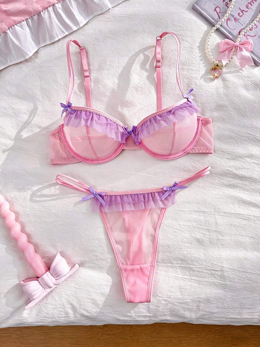 PetitDoll 荷叶边女士内衣套装，薄网纱钢圈文胸，2件套内裤 - 粉色 - 查看 1