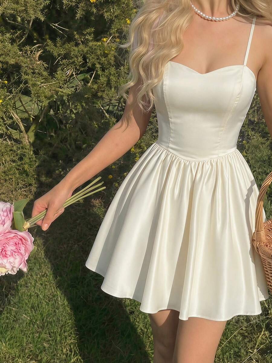 SHEIN MOD Vestido de satén color albaricoque con tirantes de lazo elegante para mujer - Albaricoque - Ver 1