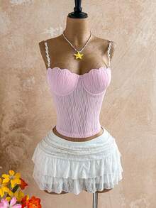 Soleia Plus Size Women's Baby Pink Elegant Sexy Summer Holiday Molded Cup Shell Bra Pearl Strap Camisole Top,Supportive Gathered Vacation Boho Style Vacation - Baby Pink - View 7