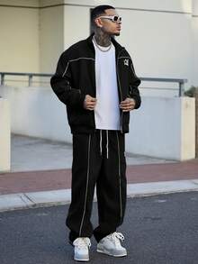 Devon Thys Manfinity Streetrush 男士五角星印花长袖外套和裤子休闲套装，秋季服装 - 黑色 - 查看 4
