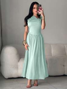 Feyla Spring/Summer Casual And Elegant Commuting, Daily Dates, Birthday Parties, Office Wear, Simple Best Friend Gatherings, Light Evening Gowns, One-Shoulder Off-The-Shoulder Metal Buckle Decorated Umbrella Skirts, Mid-Length Skirts, A-Line Skirts, Sleeveless, Brown Knitted Fabric Women's Mid-Length Dresses - Green - View 5