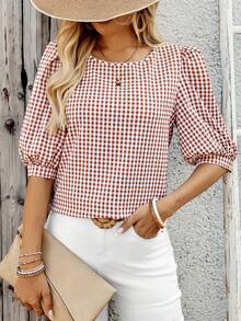 EMERY ROSE Women's Casual Vacation & Commute Plaid Print Lantern Sleeve Loose Blouse, Summer - Multicolor - View 6