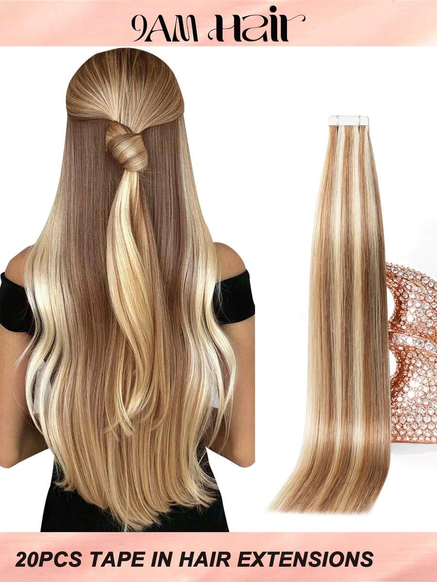 Tape In Hair Extensions 100% Human Hair #P6/613 Light Brown Highlighted Blonde Straight Style In 14-22 Inch Lengths Extensions Silky Seamless Invisible Top Quality Thick Ends Healthy Human Hair Extensions 50g/Pack For Thin Hair And Salon Use