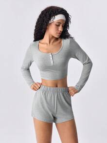 Loungeista 2件組女款圓領長袖上衣+彈性腰圍短褲夏季睡衣套裝 - 灰色 - 查看 9
