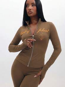 BABYPHAT Long Sleeve Zip-Up Top With Script Logo And Cat Icon Front Print - Chocolate Brown - View 8