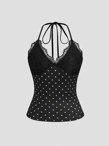 GlowEve Women's Sexy Polka Dot Lace Halter Neck Camisole Top Night Out Black And White Polka Dot Summer - Black - View 1