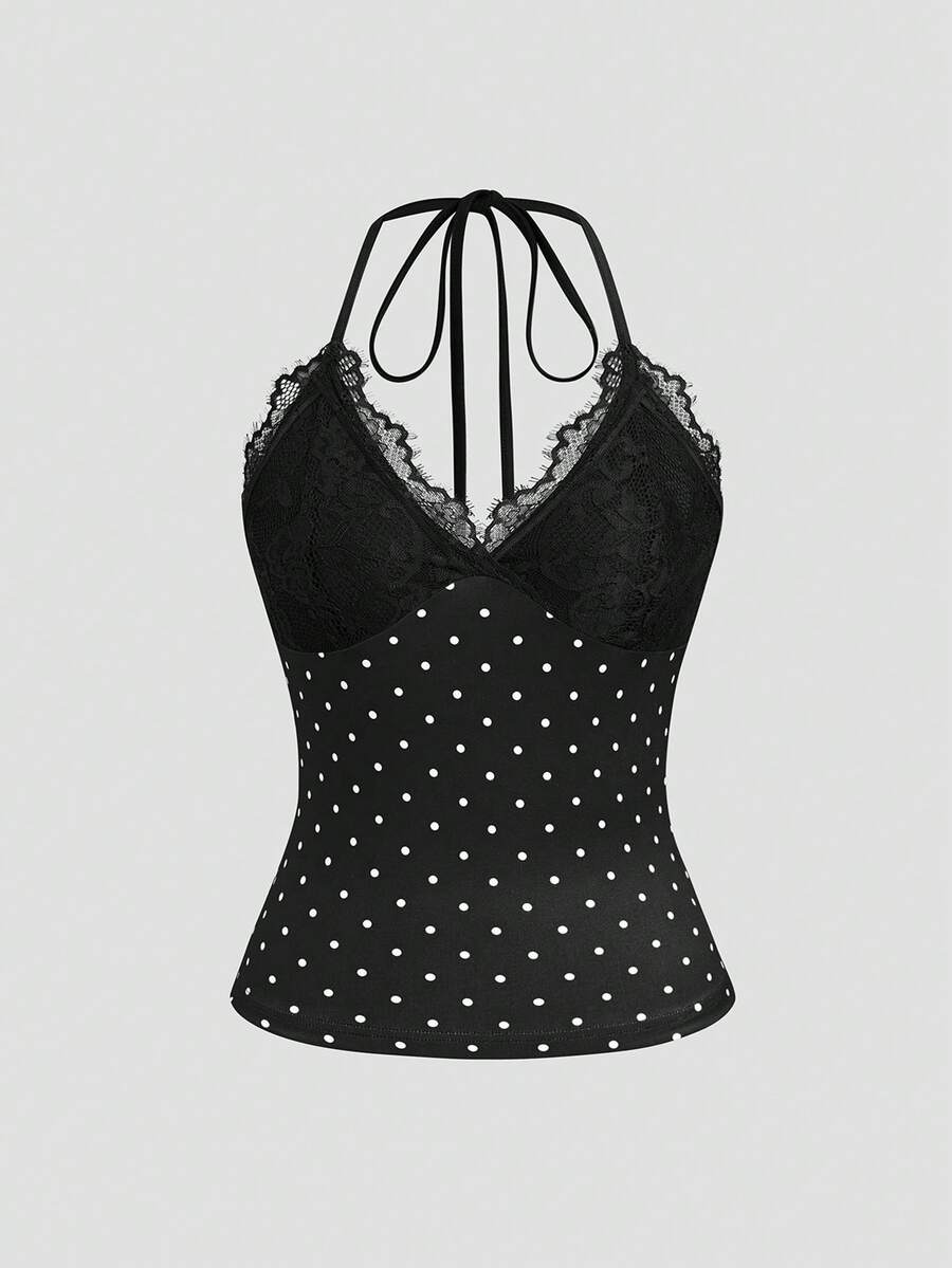 GlowEve Women's Sexy Polka Dot Lace Halter Neck Camisole Top Night Out Black And White Polka Dot Summer - Black - View 1