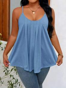 SHEIN LUNE CURVE 大码女式纯色褶皱休闲百搭日常吊带背心 - 藍色 - 查看 5