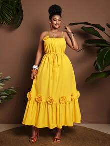 Maweii Vestido de Férias Solto com Aplicação Floral Plus Size, Linha A, Sem Mangas, Primavera/Verão - Amarelo - Visão 4