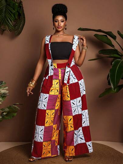 Maweii Plus Size Women's Abstract Colorblock Print Adjustable Strap Pocket Design Elastic Waist Wide Leg Pants, Suitable For Party, Date Night, Vacation, Summer Beach Outfit