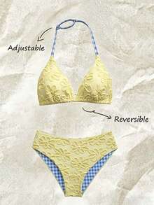 SHEIN Bộ bikini dành cho thiếu nữ, thời trang nghỉ mát màu be, chất liệu vải đặc biệt in hai mặt, kiểu cổ yếm, quần tam giác, phong cách giản dị thanh lịch, thích hợp cho bơi lội, kỳ nghỉ hè, bãi biển, hồ bơi, tiệc tùng. - Nhiều màu - Xem 3