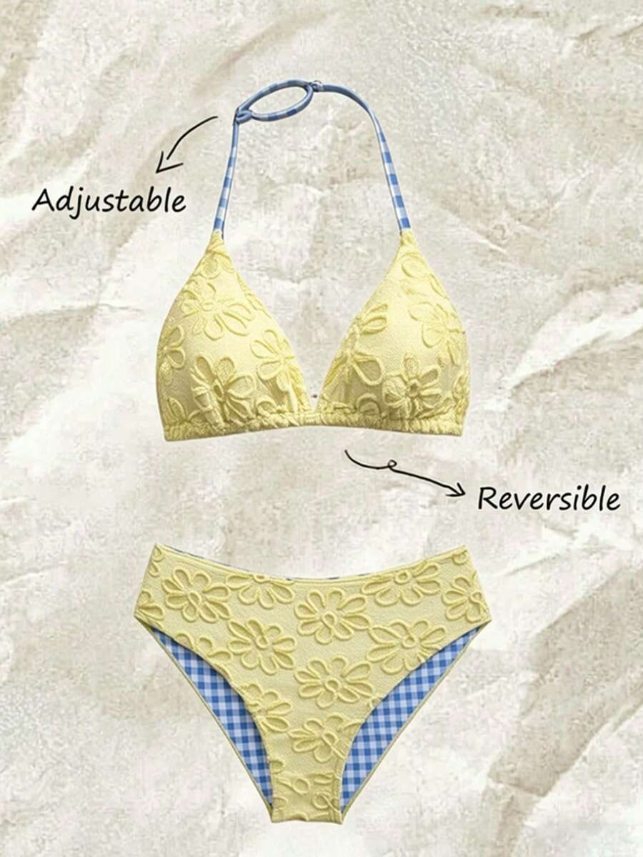 SHEIN 少女比基尼套装，时尚度假米色特殊面料双面印花针织挂脖比基尼两件套三角泳裤，时尚休闲优雅女士款，适合游泳、夏季度假、海滩、泳池、假日派对