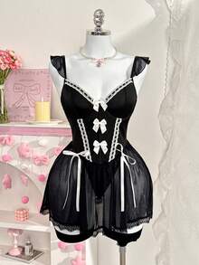 PetitDoll Bộ 3 món: Áo ngủ xếp tầng hình bướm dễ thương và cá tính cho bé gái, quần lót dây, 2 đôi tất. - màu đen - Xem 4