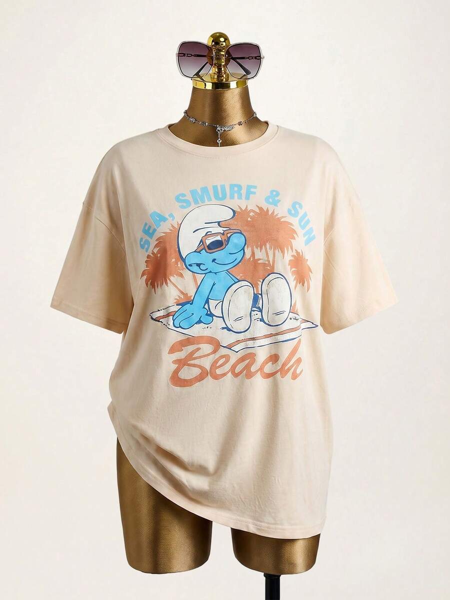 SHEIN X The Smurfs 大码女式圆领卡通字母印花休闲百搭日常T恤 - 卡其色 - 查看 1