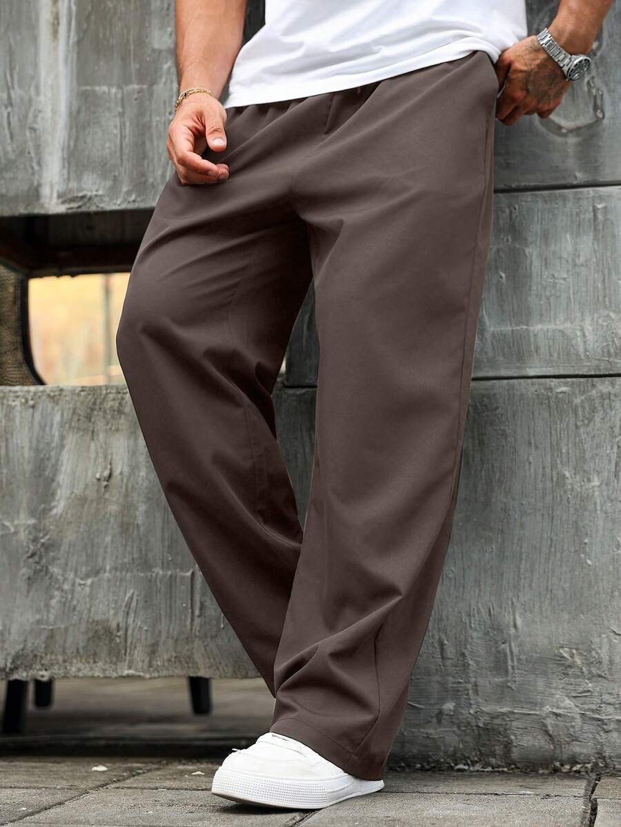 Manfinity Homme Plus Size Men's Casual Sports Solid Color Slant Pocket Pants - Coffee Brown - View 1