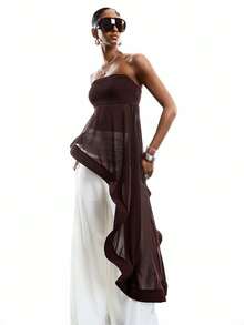 LYSMO 2026新款极简主义咖啡棕色不对称下摆网纱拼接吊带背心，不对称设计，飘逸轻盈，复古休闲风，优雅 - 咖啡棕 - 查看 3