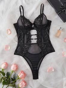 SHEIN 1件装女士性感花卉刺绣网纱连体衣 - 黑色 - View 3