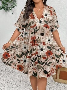 SHEIN VCAY Đầm babydoll cổ chữ V in hoa, phong cách thường ngày, thoải mái cho nữ, thích hợp cho kỳ nghỉ hè, đi nghỉ mát, dành cho nữ. - Nhiều màu - Xem 7
