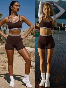 Fluxe Women Striped Cropped Camisole And Shorts Casual 2 Pieces Set - Brown - View 2