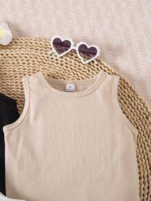 SHEIN Vintaside Kids 3件套少女百搭黑色、白色、卡其色弹力吊带背心，适合日常休闲、度假、夏季穿着 - 彩色 - 查看 4