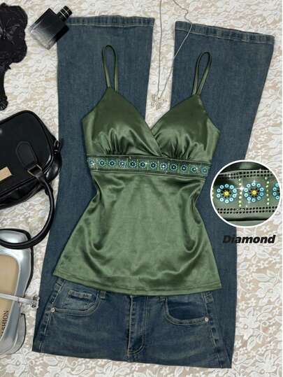 Airaco Women's Fashionable Elegant Sexy European And American Style Rhinestone Satin Camisole Top, Summer