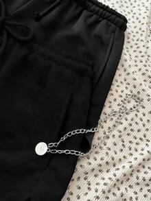 少女/青少年黑色休闲运动简约两件套，抽绳松紧腰七分短裤，适合春夏穿着 - 黑色 - 查看 6