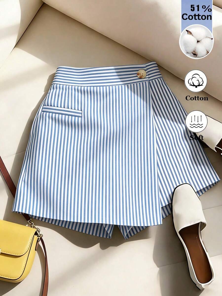 SHEIN Franclia 女士休闲通勤不对称下摆条纹短裙,夏季 - 藍白色 - 查看 1