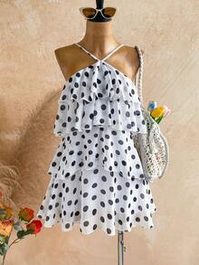 Soleia Elegant White With Black Polka Dots Summer Holiday Vacation Holiday Ruffle Chiffon Mini Dress,Backless Multi-Layer Wedding Guest Boho Dress - Multicolor - View 5