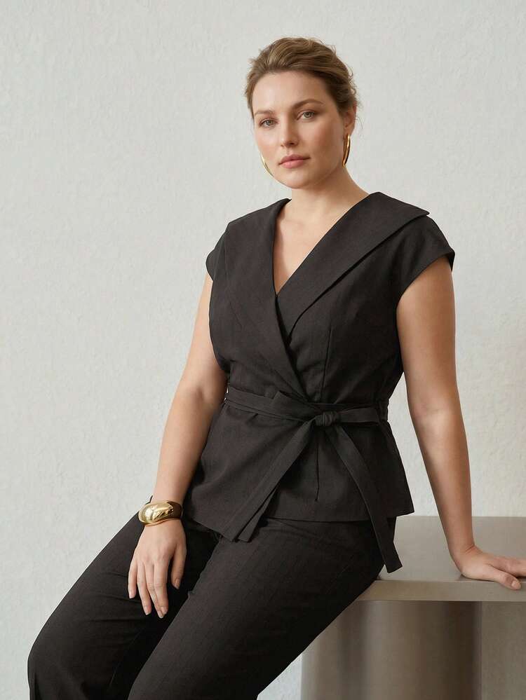 PLUS SIZE COMMUTER SHAWL COLLAR BELTED BLAZER