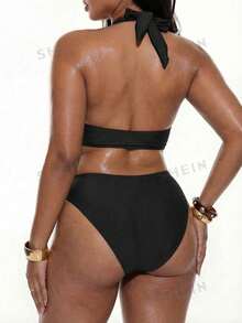 Oceva Plus Size Women Solid Color Accessory Sexy Clubwear Top Matching Triangle Bottoms Mature Ladies Swimwear Set - Black - View 2