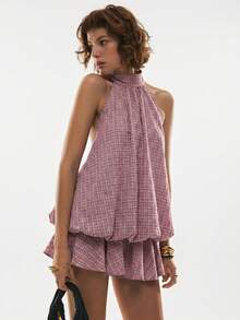 Poéselle Women's Plaid Print Halter Backless Casual Mini Dress - Pink - View 5