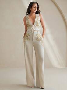 Anewsta Women's Elegant Sequin 3D Floral Decor Pocket Long Pants - Apricot - View 5