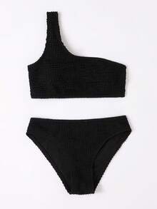 SHEIN Tween Girls' Solid Color Textured One Shoulder Bikini Set,Black Summer Modest Beach Holiday Holiday 2 Pieces Bathing Suit Swim Suits - Black - View 3