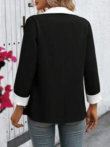 EMERY ROSE Áo blazer nữ cổ ve áo phối màu tương phản, kiểu dáng thường ngày, thích hợp đi làm. - Đen và trắng - Xem 2