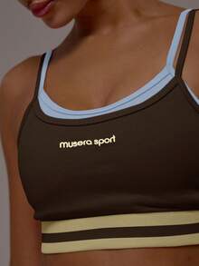 Musera Sport 撞色拼接可调节肩带运动文胸，仅限运动、健身、健身房、普拉提、日常休闲穿着，适合运动、健身、运动健身、运动出汗等场合。 - 巧克力棕 - 查看 6
