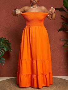 SHEIN CURVE+ Đầm mùa hè Slayr Vacation Casual màu xanh lá cây trơn, không dây vai, cỡ lớn dành cho nữ. - trái cam - Xem 4