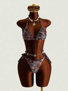 Swim SXY Sexy Tiger Print Micro Triangle Spaghetti Strap Halter Bikini Top, Tie Side Triangle Bottoms, And Ruffle Mesh Skirt 3-Piece Swimwear Set Beach - Multicolor - View 3
