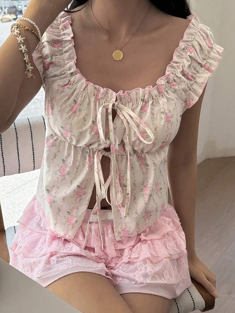 Women's Romantic Ditsy Floral Ruffle Collar Fitted Blouse
