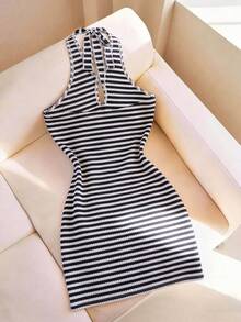 SHEIN LUNE Women's Summer Casual Sexy Black And White Striped Halter Neck Hollow Out Knit Bodycon Mini Dress Goin Out Beach - Black and White - View 2