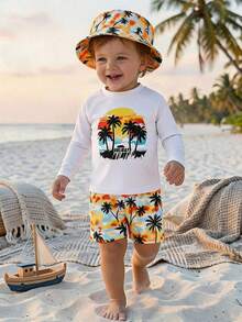 SHEIN Baby/Baby Boy Colorblock Cute Orange Palm Tree Print Long Sleeve Rash Guard & Shorts Swimsuit, Suitable For Beach, Vacation, Surfing, Baby Swimwear - Multicolor - View 6