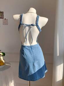 Comfortcana Đầm denim nữ không tay hở lưng, kiểu dáng thường ngày, có dây thắt eo, thích hợp cho mùa hè. - Màu xanh lam - Xem 2