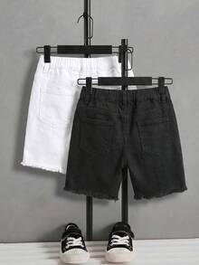 SHEIN 2Pcs Tween Boy Fashion Casual Y2k Vintage Cool Street Basic Simple Street Style White And Black Ripped Denim Shorts 2-Pieces Set For Kids Clothes Daily-Wear And Kids Spring To Summer Rave Festival And Streetwear Clothes - Multicolor - View 4
