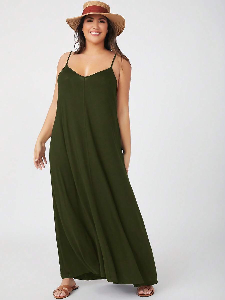 SHEIN BASICS 大码女式纯色宽松休闲吊带连衣裙