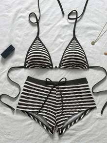 Swim Vcay Conjunto de traje de baño para mujer con top triangular a rayas y calzones de cintura alta, nueva colección Primavera/Verano 2026 - Blanco y Negro - Ver 5