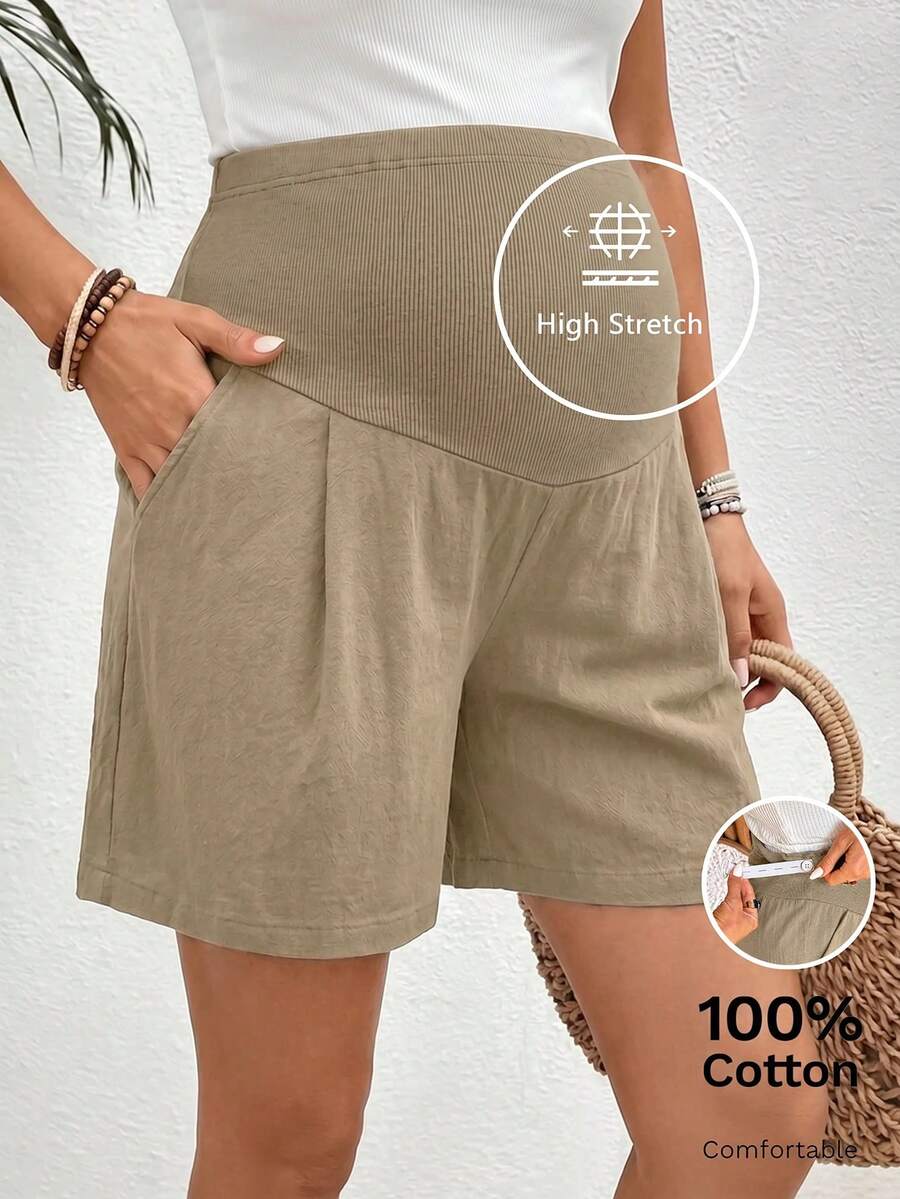 SHEIN 孕妇纯色可调节腰围休闲短裤 - 卡其色 - 查看 1