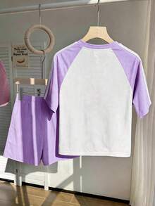 Elladie kids Bộ trang phục thường ngày cho bé gái: Áo thun tay ngắn raglan in hình nơ và quần short. - Màu tím - Xem 2
